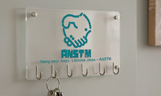 Branded acrylic key holder with ANSTM logo and metal hooks from the company profile