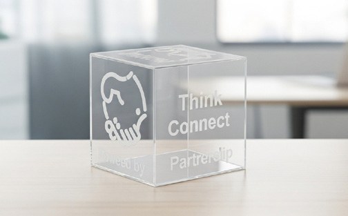 Clear acrylic information display shown in the company profile