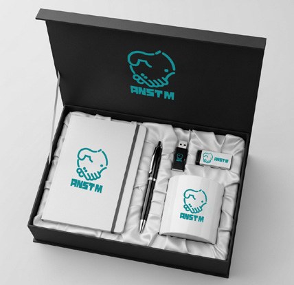 Presentation box with branded stationery shown in the company profile