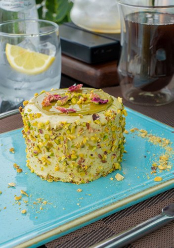 Food photography showing a plated layered dish from the company profile
