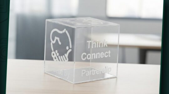Clear acrylic cube with ANSTM branding and engraved words in the company profile — مكعب أكريليك شفاف يحمل هوية ANSTM ونصوصًا محفورة في بروفايل الشركة